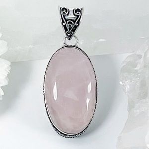 Large Chunky Rose Quartz Pendant Oval Vintage Setting New Sterling Silver 925